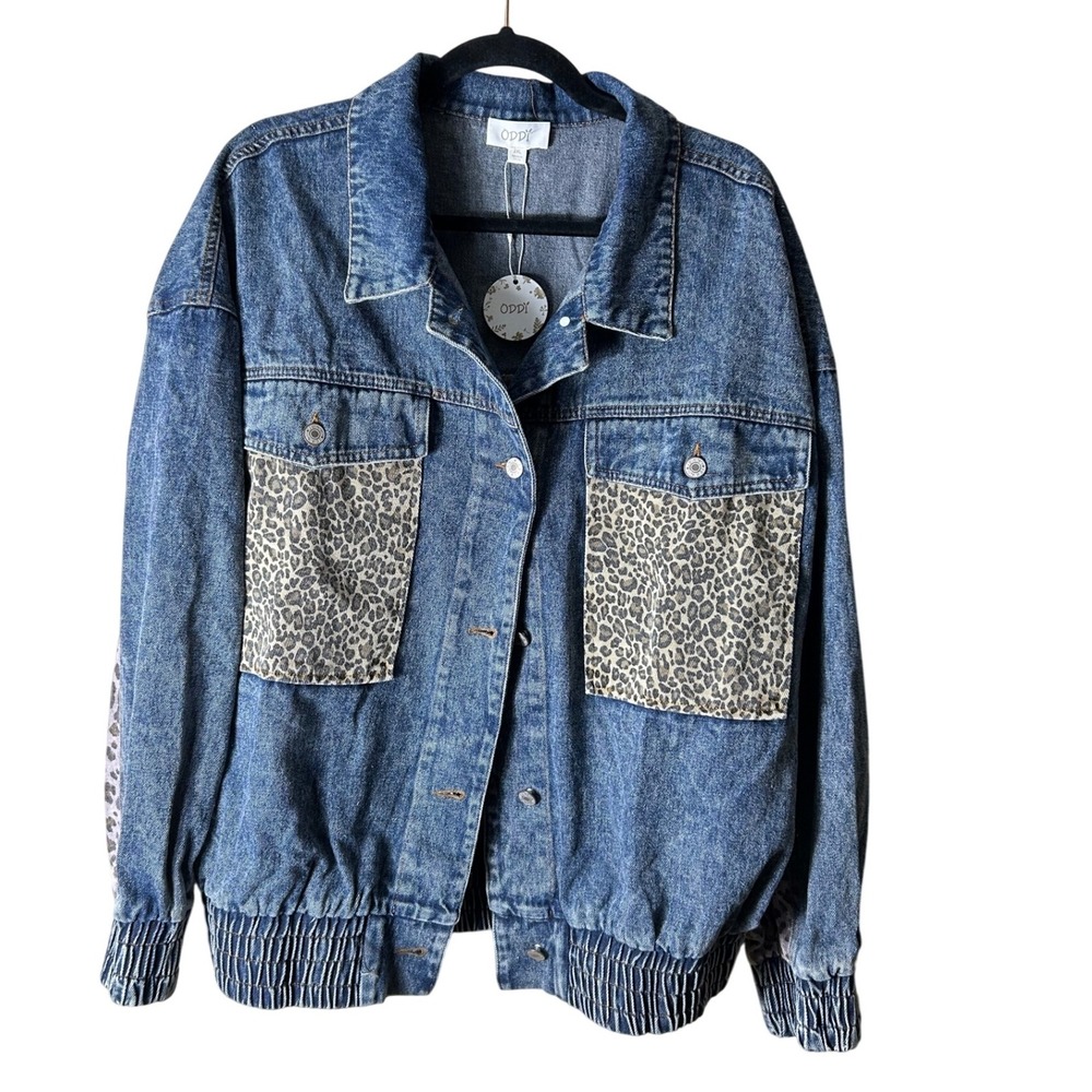 ODDI Denim Jacket 2XL Leopard Print Accents Oversized Casual Statement Jean Coat